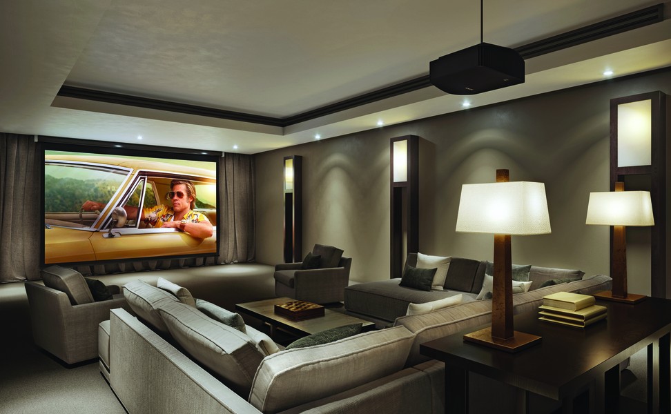 A home theater setup with a high-end AV system playing a movie 